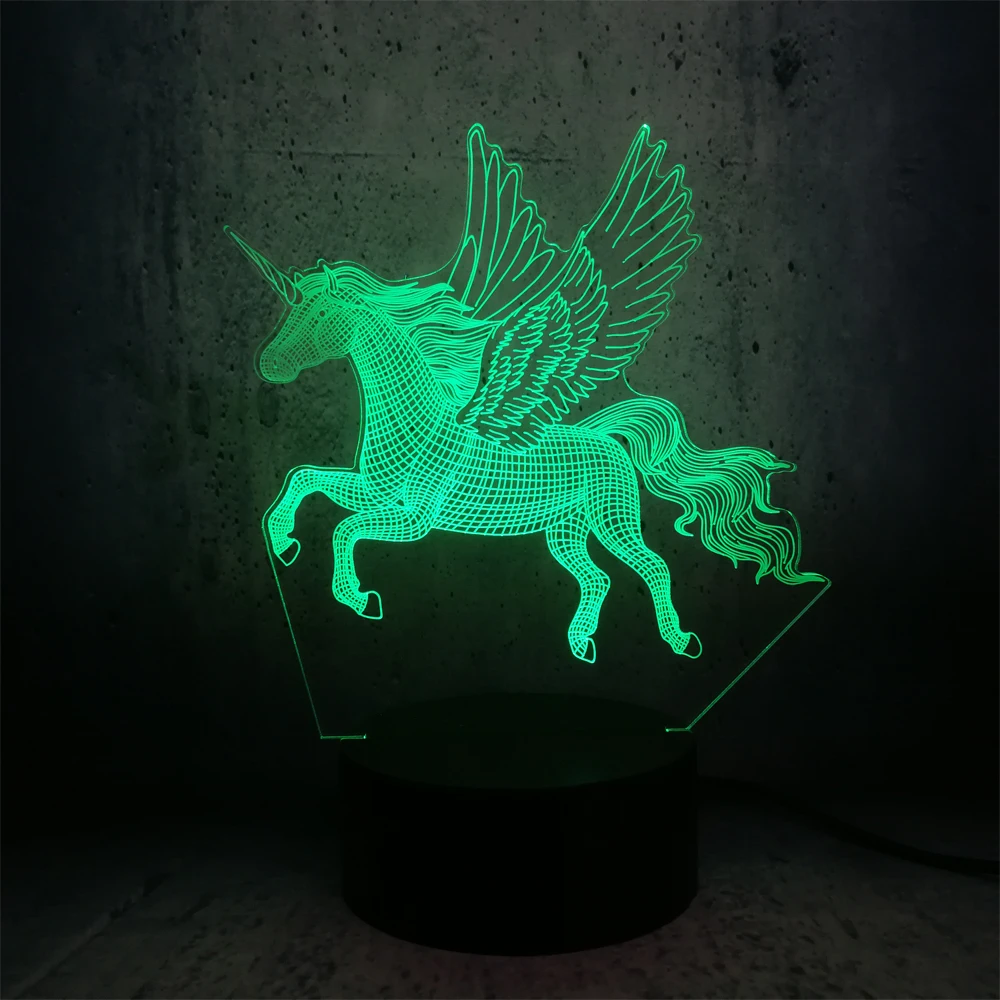 3D светодиодный светильник ночник с крылатым единорогом RGB лампа вечерние