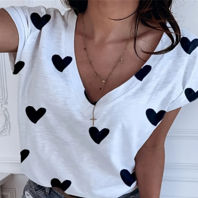 Женская футболка в форме сердца с V образным вырезом летняя женская коротким