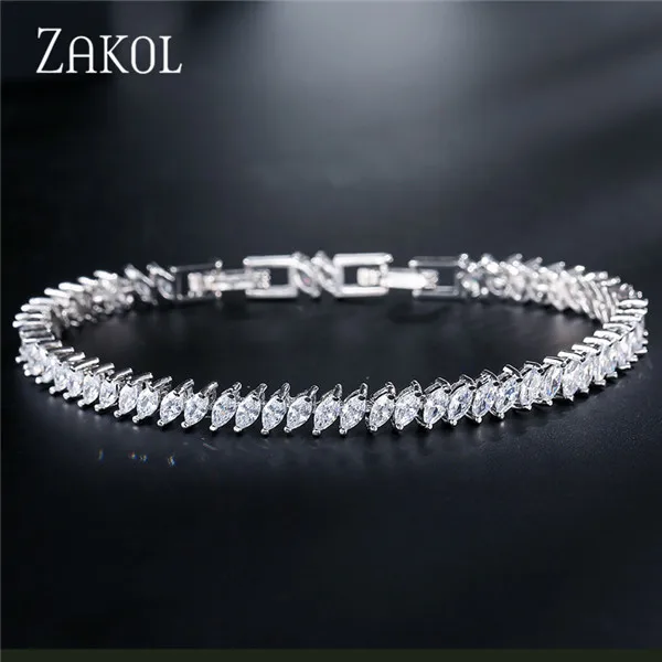 ZAKOL Новое поступление прозрачный белый AAA Marquise Cut Циркон Кристалл браслет моды браслеты для женщин Свадебная вечеринка ювелирные изделия FSBP155 - Окраска металла: Rhodium plated