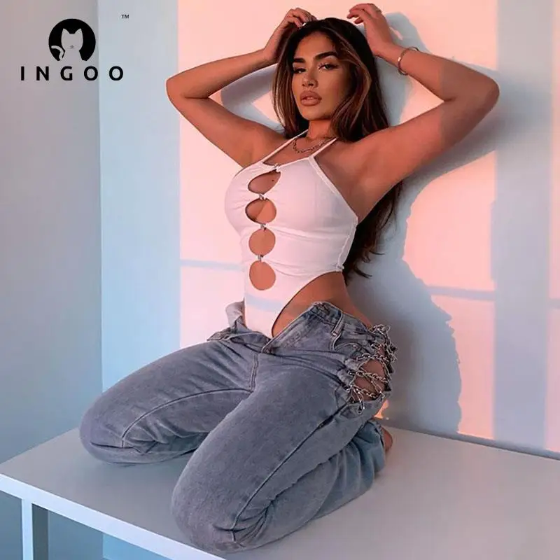 INGOO Halter Bandage Bodycon White Bodysuit Women Sexy Rompers Hollow Sleeveless Skinny Ribbed Bodysuits Party Backless Body Top