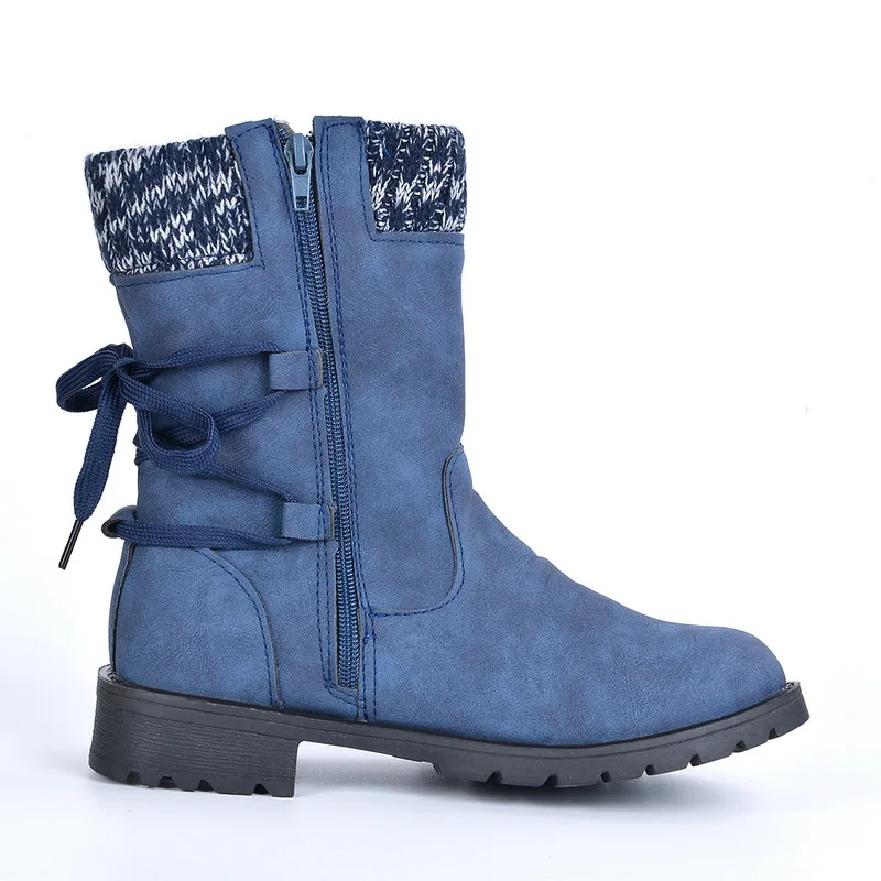Puimentiua Winter Shoes Women Boots Basic Mid-Calf Boots Round Toe Zip Platform Decor Female Shoes Warm Lace Up Boots Shoes