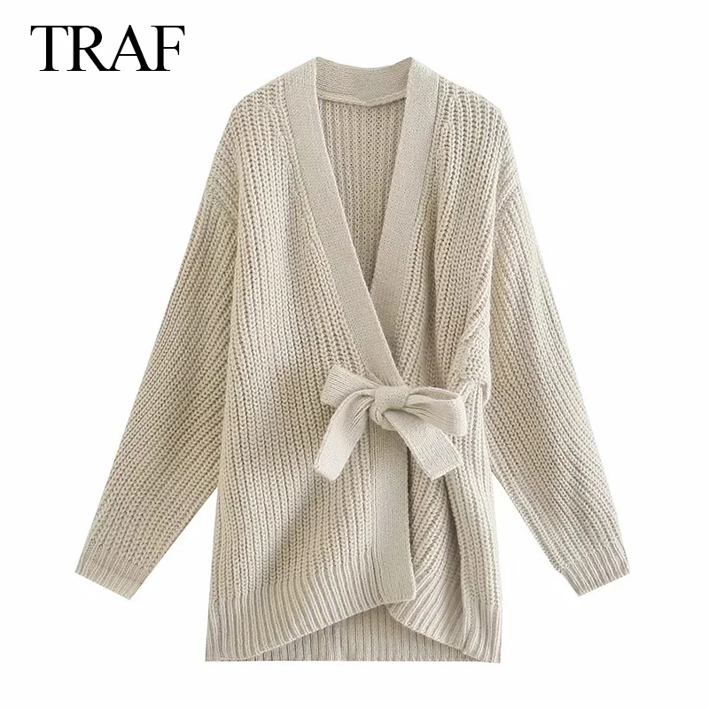 

TRAF ZA Women Autumn Cardigans 2021 Retro Solid Long Sleeve Bow Soft Loose Knitted Coat Winter Oversize Loose Sweater Coat Mujer