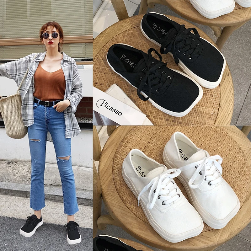 

2021 spring niche design canvas shoes ugly square toe small white shoes female ulzzang sneakers s-girl flat shoes