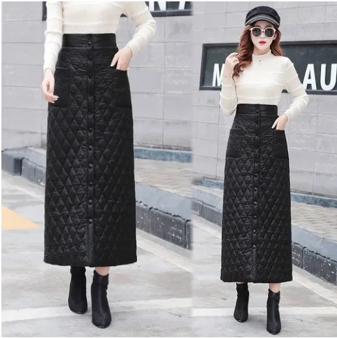 2020 толстые теплые пуховые юбки женские с высокой талией А-линия черная Макси
