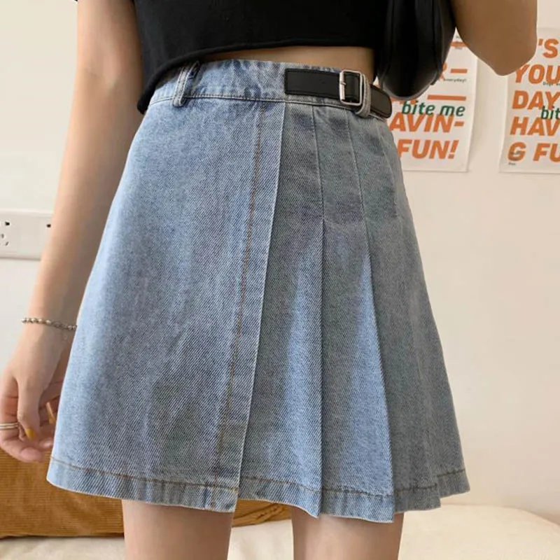 Асимметрия Высокая талия складки джинсовая юбка женские летние кожаные