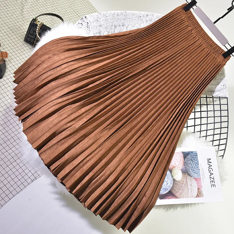 

2022 Two Layer Spring Women Suede Skirt Long Pleated Skirts Top Brand Womens Saias Midi Faldas Vintage Women Midi Skirt