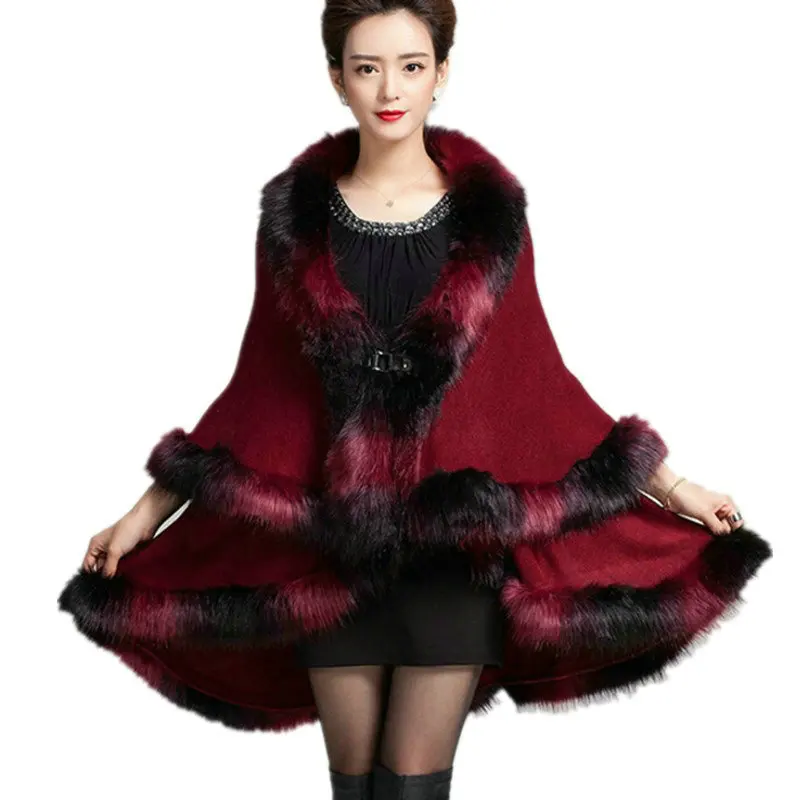 Осенне зимнее теплое длинное Трикотажное пончо из искусственного лисьего меха