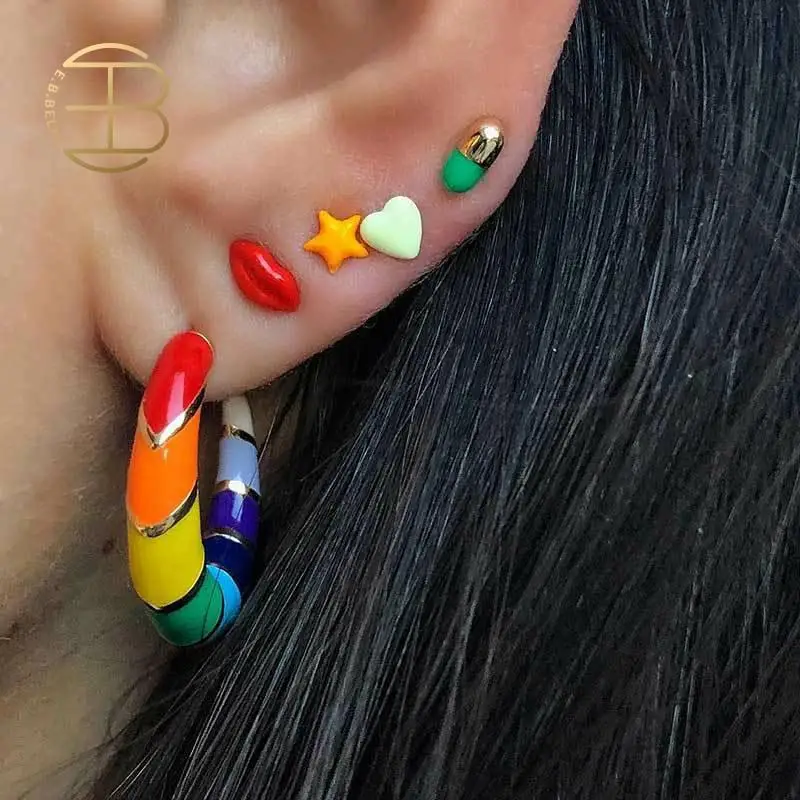 Женские серьги гвоздики с эмалью в форме сердца звезды губ вечерние радужные