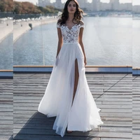 beach wedding dress sheer scoop neck short sleeves tulle with side slit lace appliques cheap bridal gown women boho robe maria