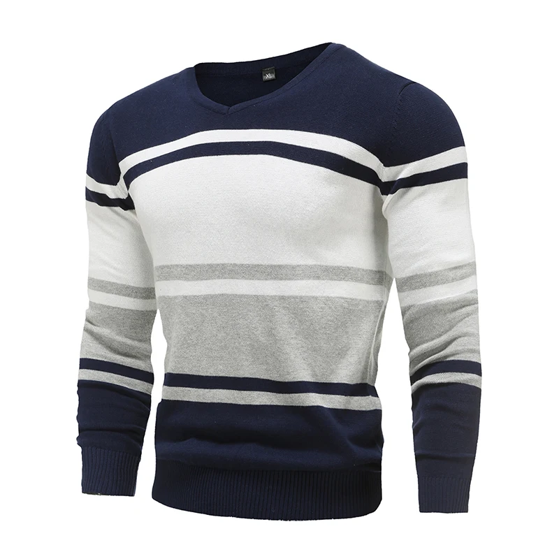 

New Autumn Cotton Pullover V-neck Men's Sweaters Fashion Solid Color High Quality Slim Sweaters Pullover Men Patchwork Knitwear