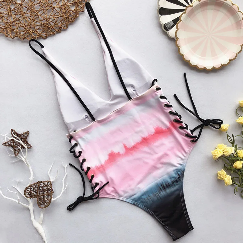 

2019 New One Piece Swimsuit Sexy Vintage Swimwear High Neck Swimwear Women Backless Bandage Print Bathing Suit Monokini