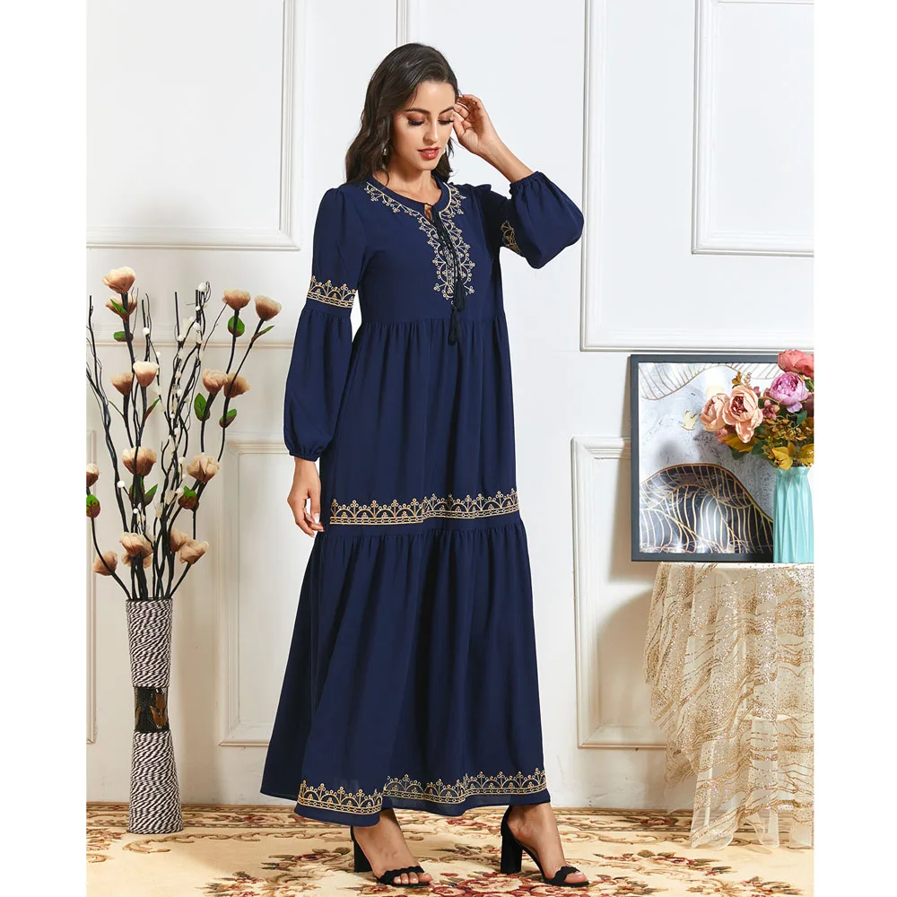 

Dubai Muslim Embroidery Long Dress Abaya Ethnic Style Kaftan Arab Jilbab Islamic Clothing Ramadan Turkish Long Sleeve Autumn New
