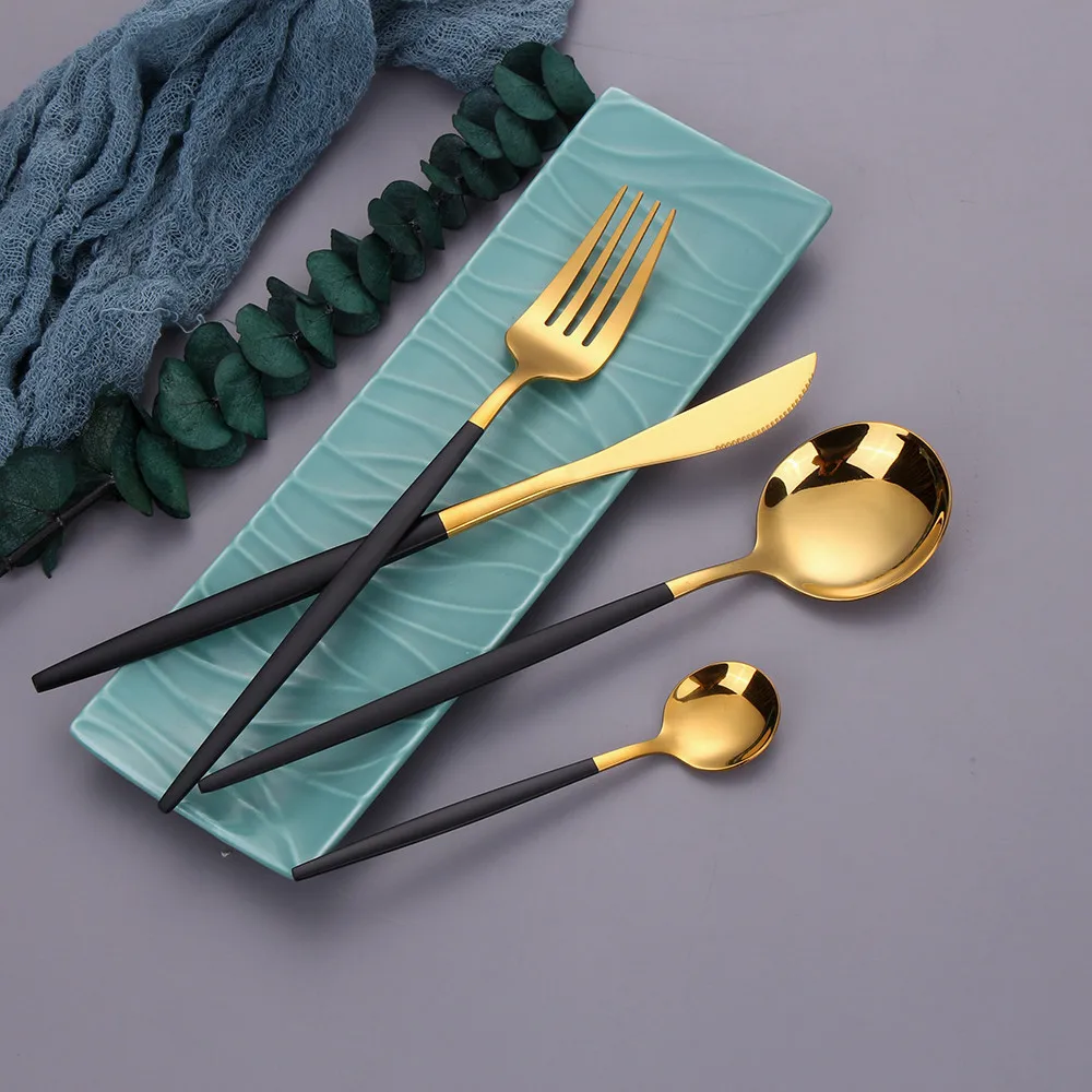 

Stainless Steel Cutlery Set Black Gold Tableware 4pcs/set Flatware Dinnerware Spoon Long Handle Cutlery Set Eco Friendly Knife