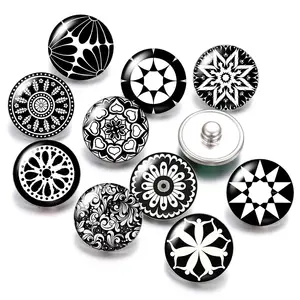 DB0488 Black pattern flowers 18mm snap buttons 10pcs mixed round photo glass cabochon style for snap button jewelry Gift