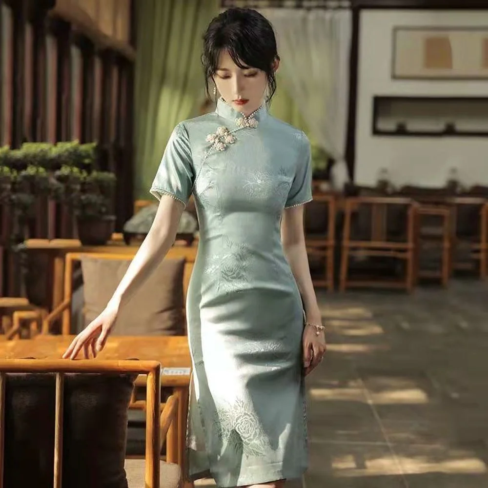 

Современное льняное хлопковое китайское традиционное платье Ципао синее эластичное платье в китайском стиле Ципао улучшенное платье Qi Pao ...