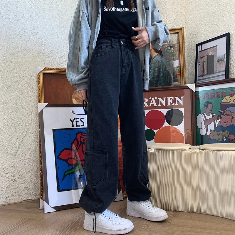 

#1563 Black Blue Streetwear Boyfriend Jeans For Women Loose Side Pockets Straight Denim Jeans High Waisted Wide Leg Jeans Femme