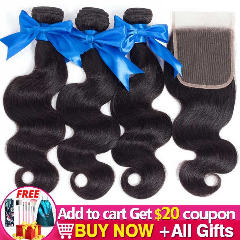 Body Wave Hair 3 Bundles With Closure 4x4 Lace Closure Middle Part 100% Human Hair Remy Jarin Natural Black Color For Women