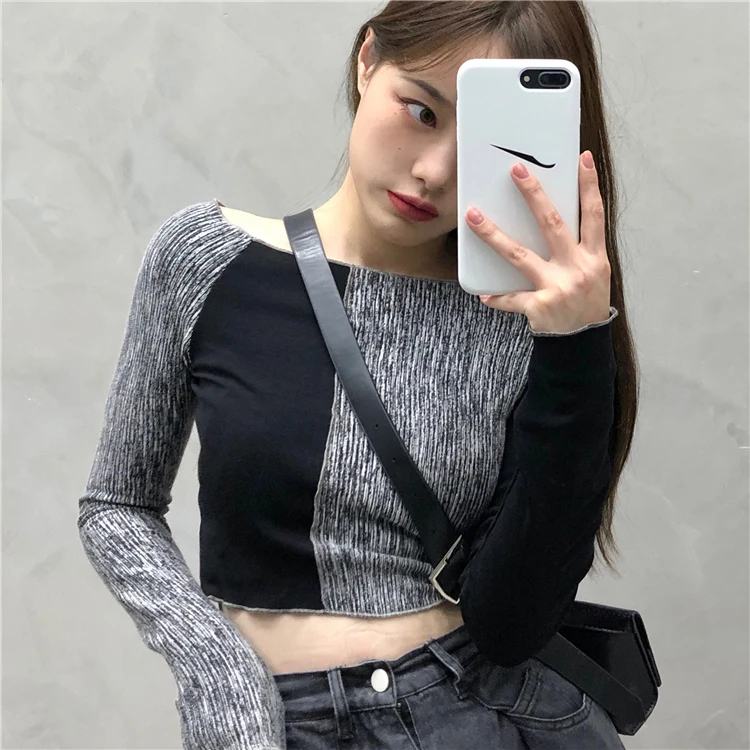 

Women's Clothing New Hit The Color Crop Top Spring Autumn O-neck Long Sleeve T-shirts Patchwork Ins Hipster Ladies Tops Slim