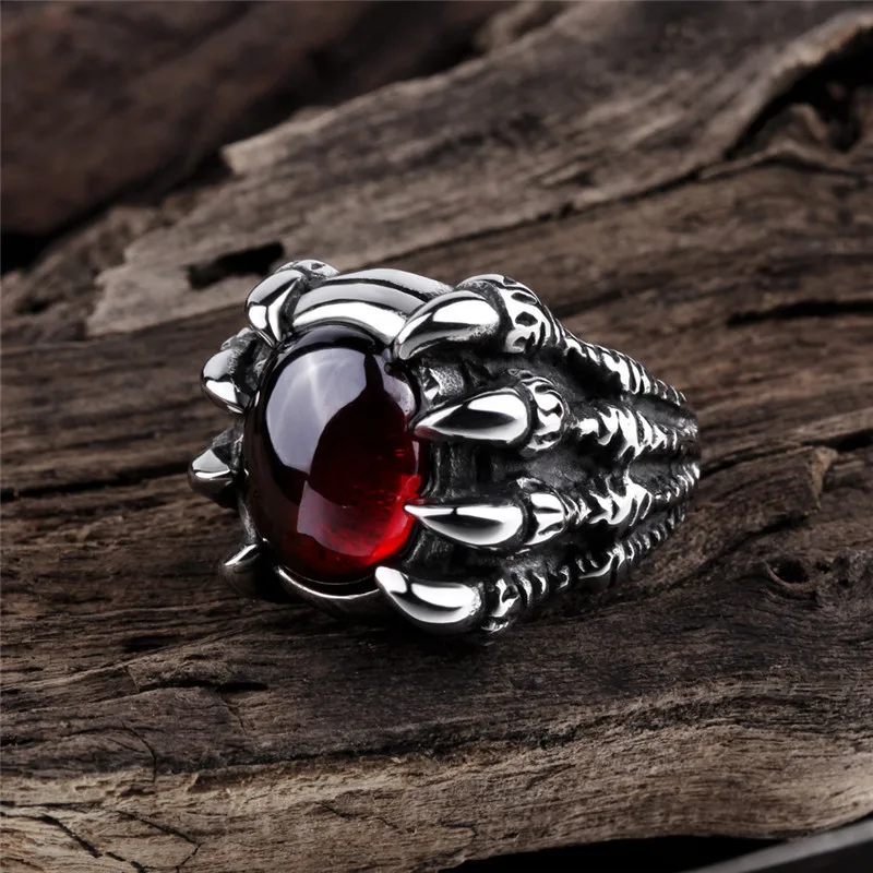 

Retro Exaggerated Dragon Claw Ring Trend Domineering Men's Red Zircon Semi Gem Ring Hip Hop Nightclub Ring Jewelry Accessories