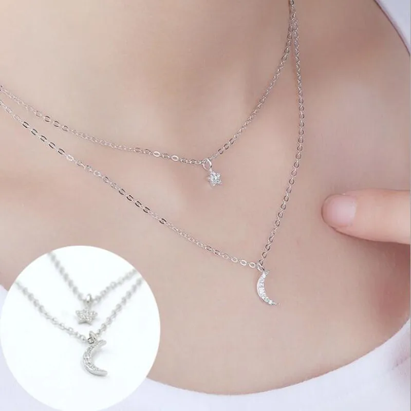 

2021 Trend Shinning Star And Moon Zircon Double Layer Silver Color Chain Necklace For Woman Colar Luxury Jewelry SN118