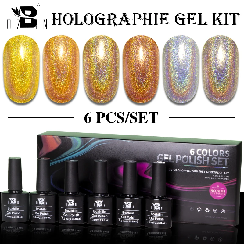 

Набор голографических гель-лаков BOZLIN, 6 цветов, блестящий лазер, удаляемый замачиванием, УФ-гель, светодиодный Полупостоянный лазер для ногт...