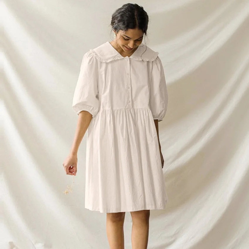 

LEXIE ZHANG 2021 Summer New Fashion Elegant Collar Bubble Sleeve Pure Cotton Loose Short Sleeve Dress Women's A-line Skirt