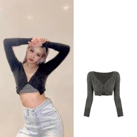kpop korean celebrity dance show v neck single breasted long sleeved sweater women nightclub sexy short knit cardigan sweaters