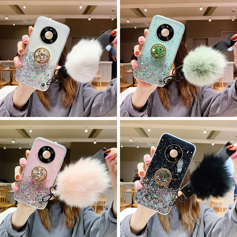 

For Huawei Mate 20 10 Lite Case Bling Glitter Ring Stand Cover Huawei Mate 40 30 Pro Phone Covers With Hairball Bumper Capa