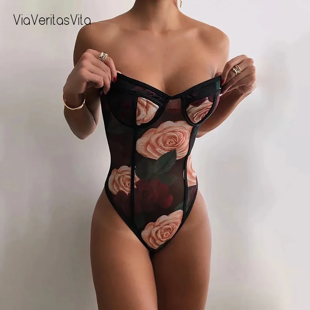

Korean Fashion Womens Big Flower Print Womens Bodysuits Spaghetti Strap Sexy Clubwear Vintage Slim Playsuit Retro Romper Overall