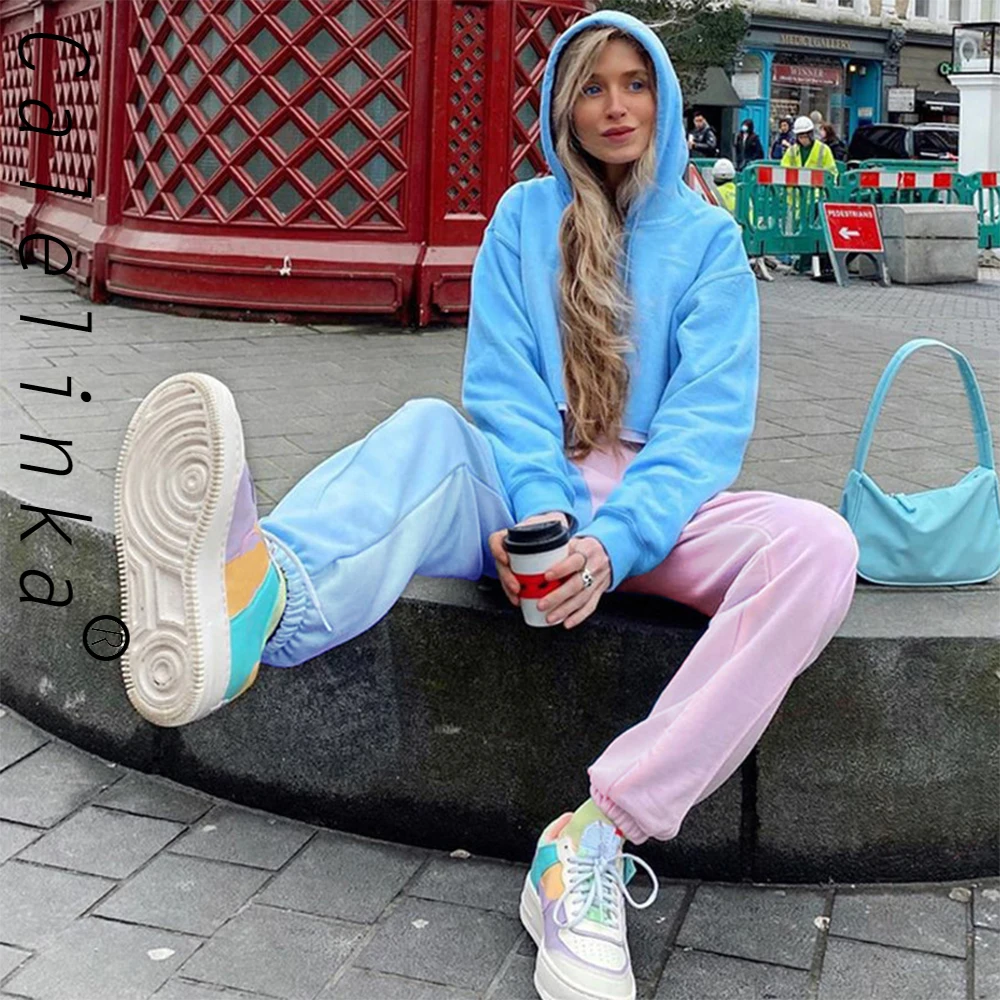 

Calelinka Pink Blue Patchwork Baggy Women Sweatpants High Wasit Streetwear 2020 Autumn Winter Women Hip Hop Legged Trousers