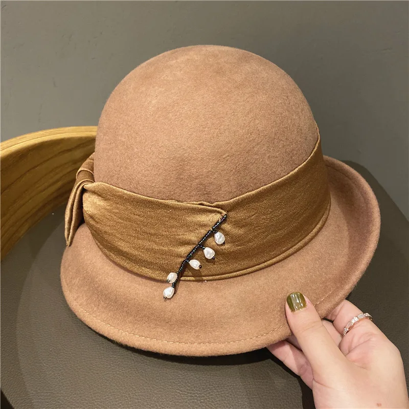 

New AW Celebrity Style Woolen Top Hat Children Pearl Chain British Retro Jazz Hat Casual Versatile Trend
