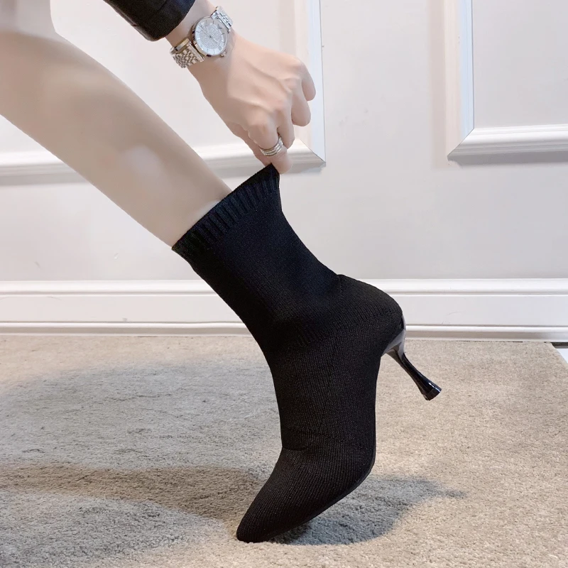 Черные вязаные сапоги носки женские пикантные туфли лодочки с острым носком на