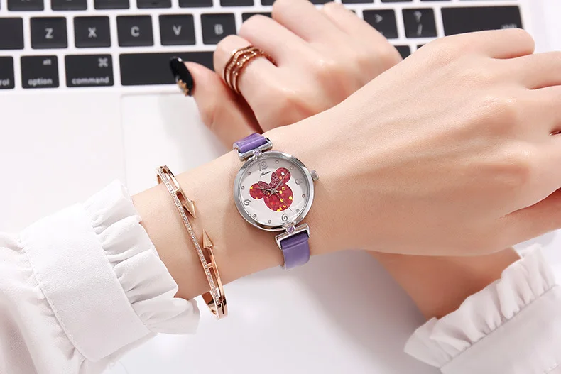 Красивые девушки Минни Маус Роскошные Bling Кристалл кожа кварцевые часы для женщин красивый лук маленький Дисней часы Водонепроницаемость