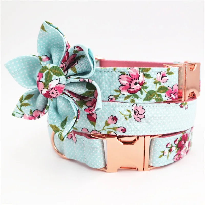 collar with flower Собачий ошейник для девочек, собачий цветок и поводок, набор для питомца, собаки, кошки с металлической пряжкой цвета розового золота - Цвет: collar with flower