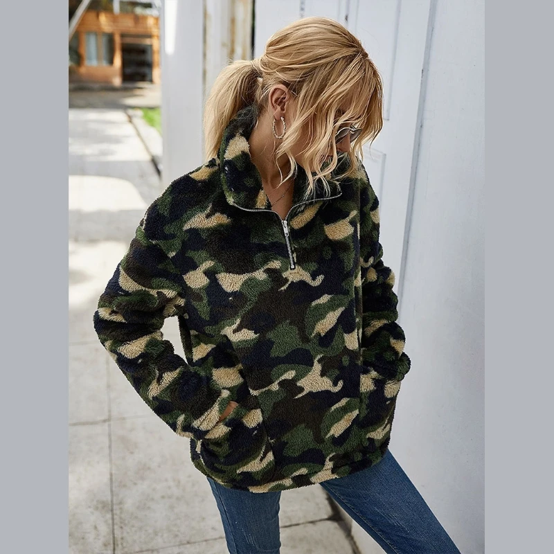 

Women Winter Half Zip Turtleneck Sweatshirt Camouflage Fluffy Plush Pullover Top BX0B
