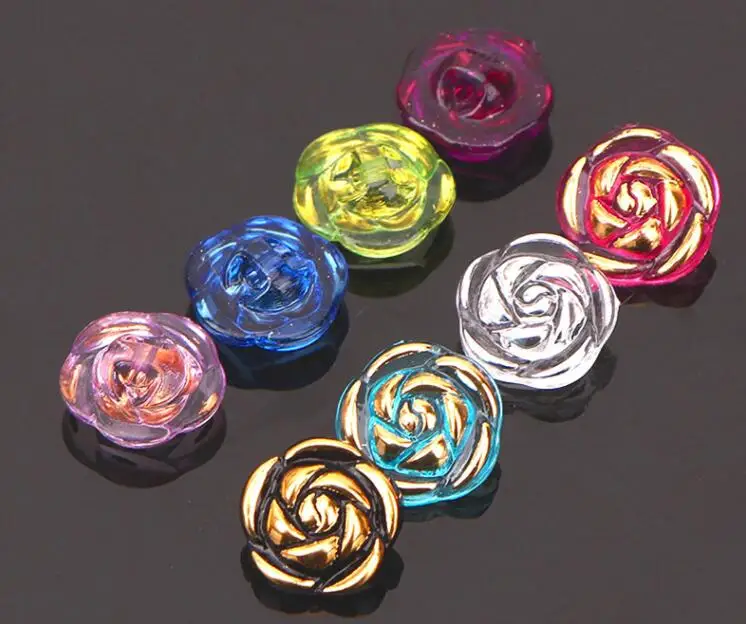 10pcs Crystal Buttons Candy Color Gold Edge Clear Rose Flower Acrylic Buttons for Decoration Handmade Craft Sewing Accessories