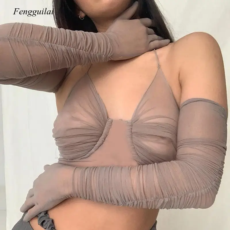 

Women's 2021 New Spring Summer Sexy V-Neck Short See Through Thin Fashion Lace Up Street Wear Top