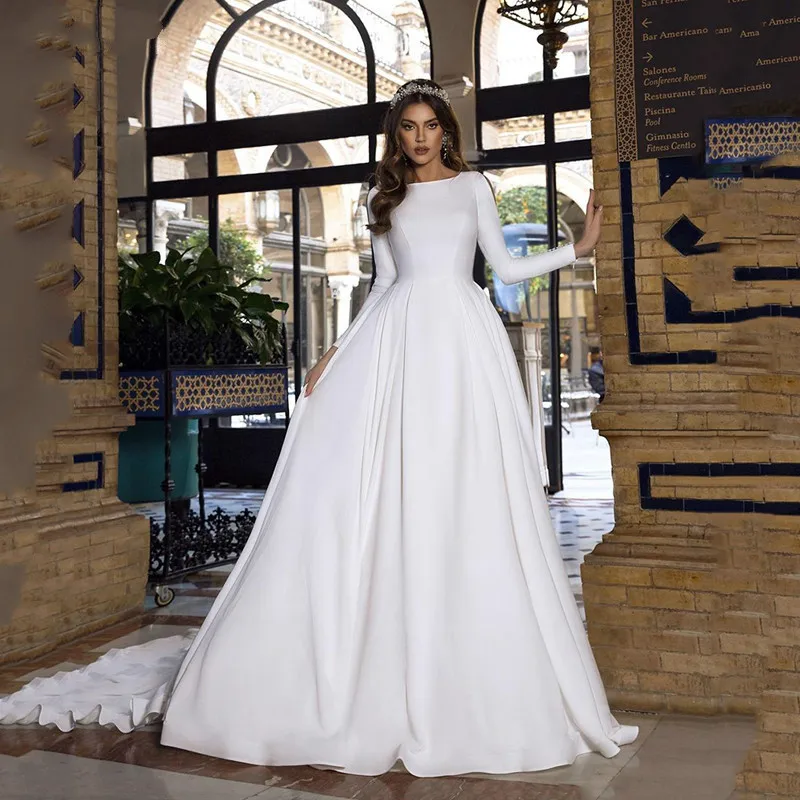 

A Line Satin Wedding Dresses Lace Princess Bride Dresses Long Sleeve With Romantic Buttons Backless Vestido De Novia 2020