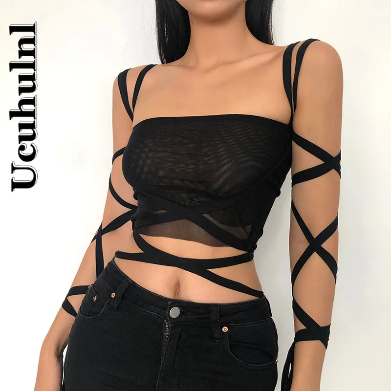 

Женская Облегающая майка в готическом стиле, однотонная черная обтягивающая Сетчатая футболка, модная уличная одежда, универсальная базовая тонкая дамская майка, укороченные топы, лето 2021