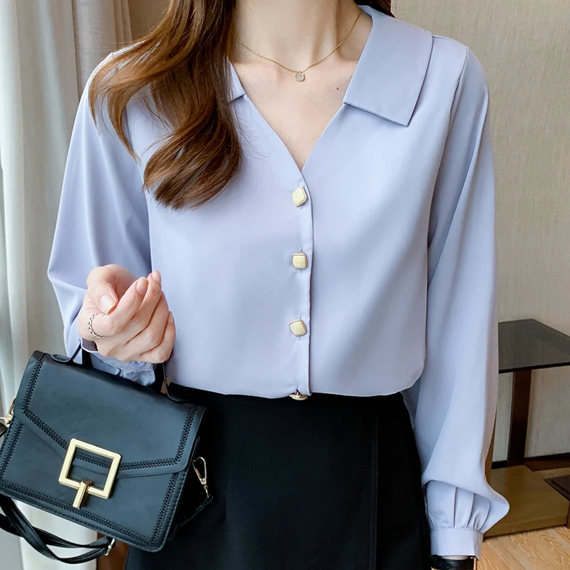 Осенняя блузка с длинным рукавом женская белая шифоновая отложным воротником