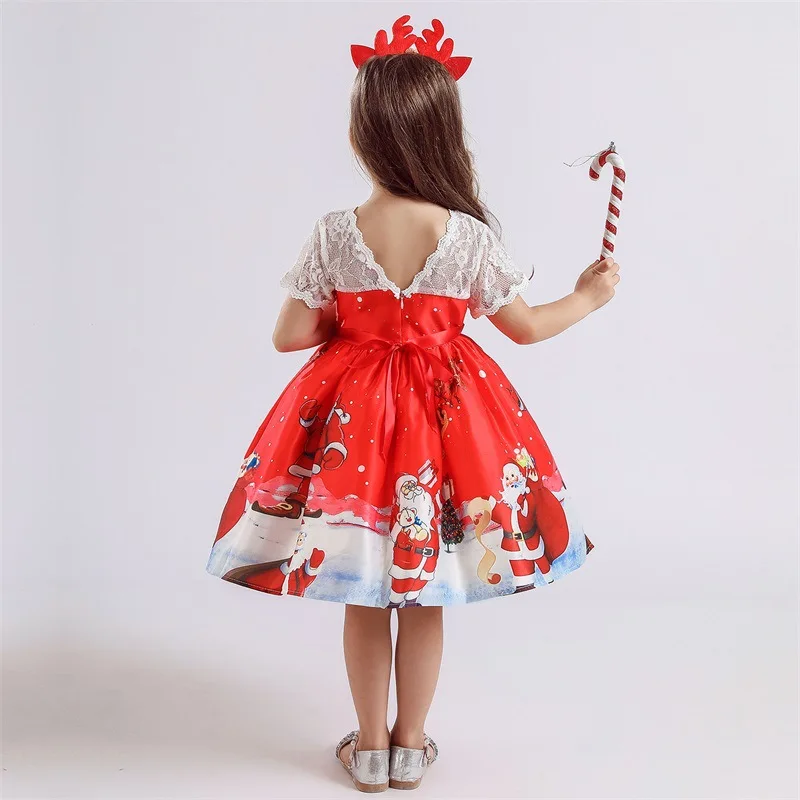 

New Girls Christmas Dress Santa Claus Print Short Sleeve Summer Princess Dress For Girls Clothes