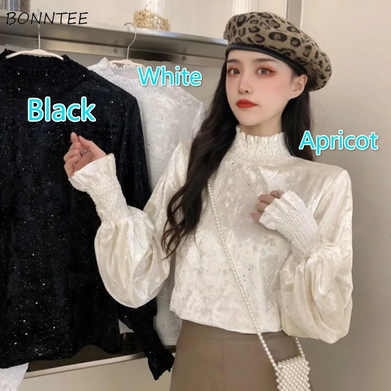 

Женская футболка с блестками, плиссированная рубашка во французском стиле с рукавами-фонариками на осень и зиму, Дворцовый ретро-стиль