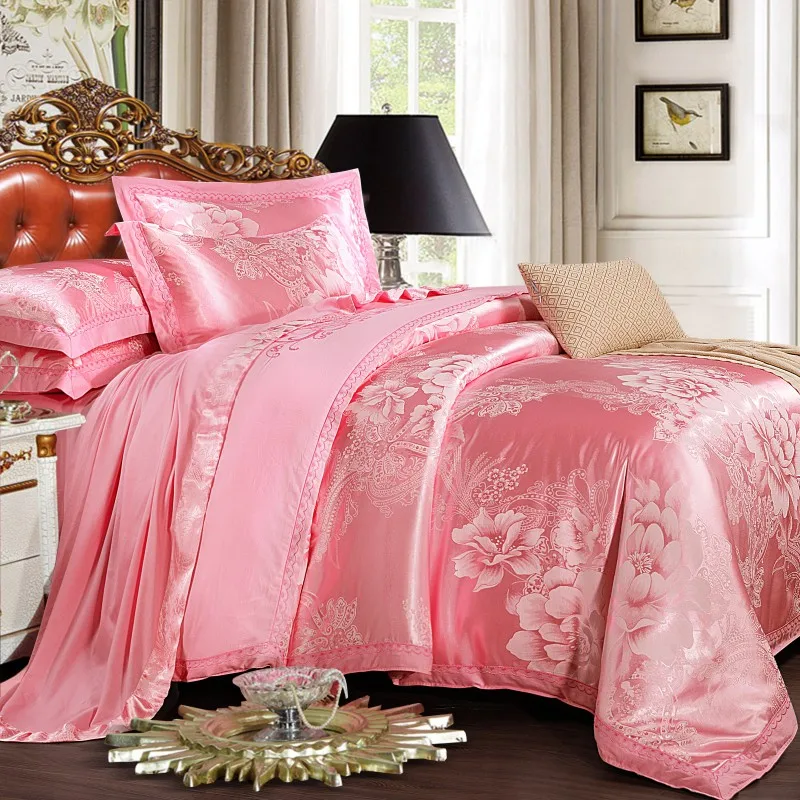 

Комплект постельного белья с вышивкой, жаккардовый Комплект постельного белья из розового атласа, размеры Queen/King/4 шт., хлопковая простыня, д...