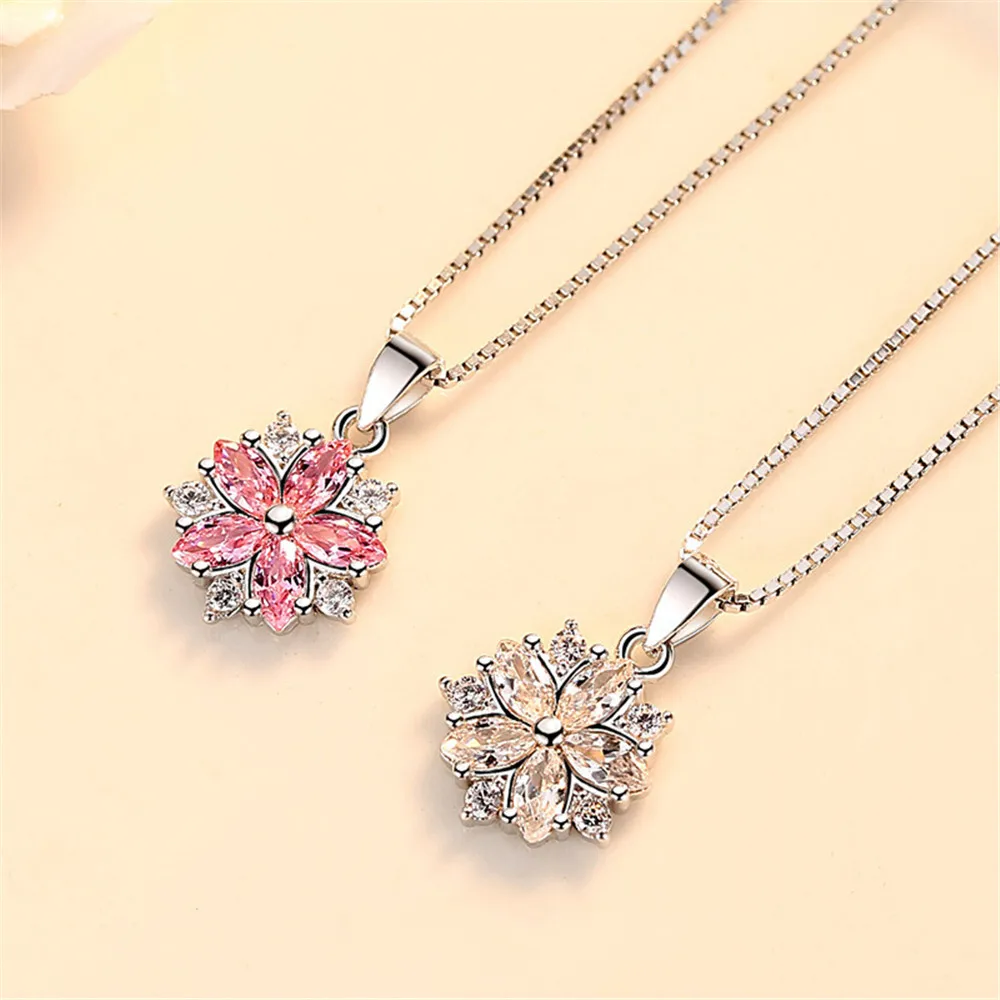 

SHDEDE Women Necklace Pendants Flower Fashionable Zircon Pink 925 Sterling Silver Jewelry Birthday Party Gift -WH268