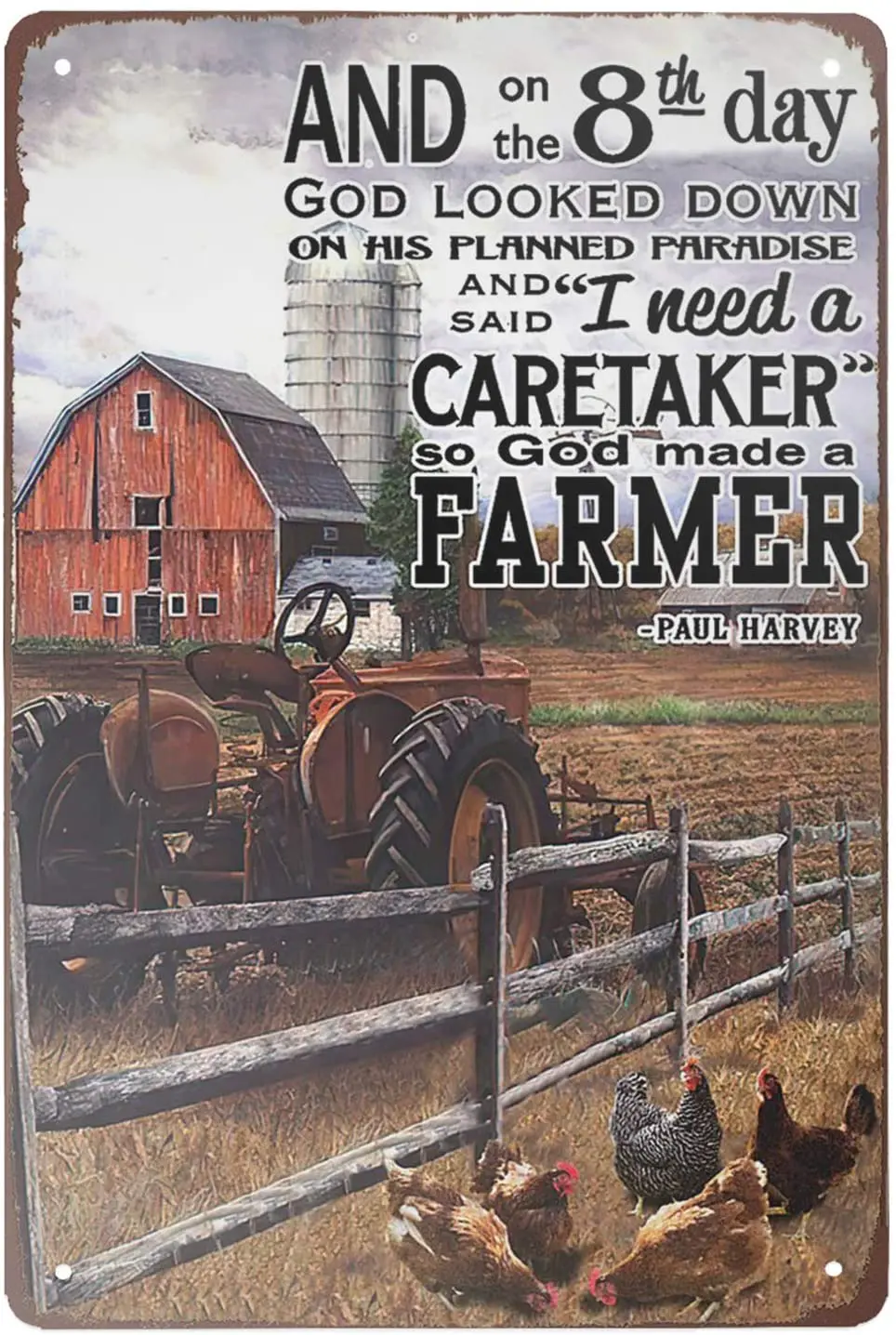 

Super durable Tin Sign Tractor and Chickens on The Farm Vintage Decor Farm barn coop Home Wall Decoration Funny Metal Sign 8x12