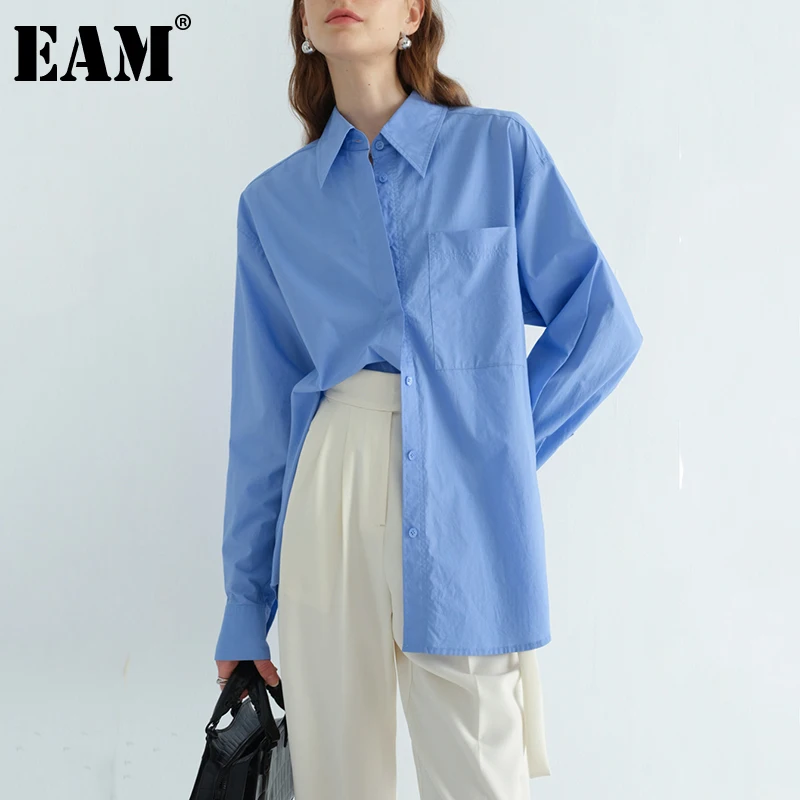 

[EAM] Women Blue Brief Big Size Casual Blouse New Lapel Long Sleeve Loose Fit Shirt Fashion Tide Spring Autumn 2022 1DE1777