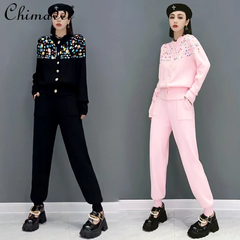 

Elegant Women Suits 2021 Autumn Winter Rhinestone Knitted Sweater High Waist Casual Pants Sets of Women Winter Two Pieces