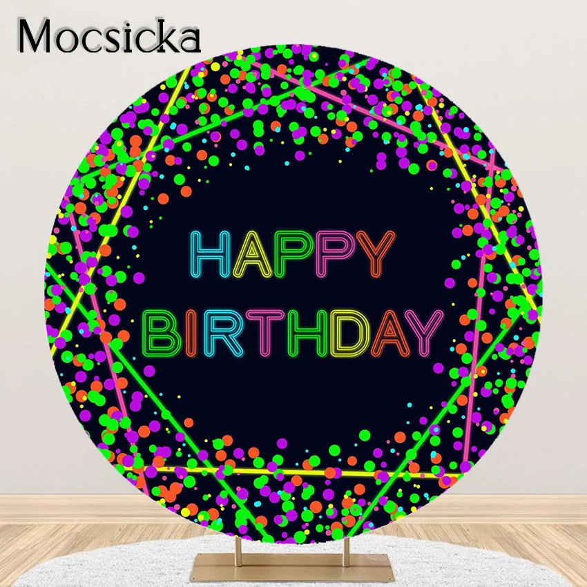 

Mocsicka Neon Glow Birthday Party Backdrop Confetti Dots Happy Birthday Background Round Circle Cover Photoshoot Photocall