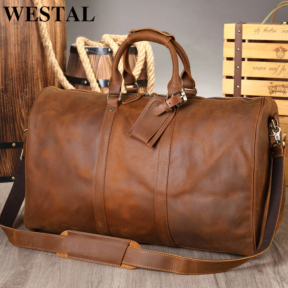 WESTAL Genuine Leather Travel Duffle Bag Gym Sports Bag Airplane Luggage Carry-On Bags Gift for Men Overnight Weekend Bag Totes
