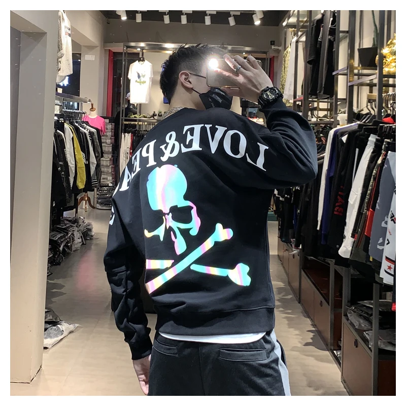 

Japanese autumn and winter MMJ colorful laser reflective skull hoodie men's and women's high street trendy top couple's hoodie